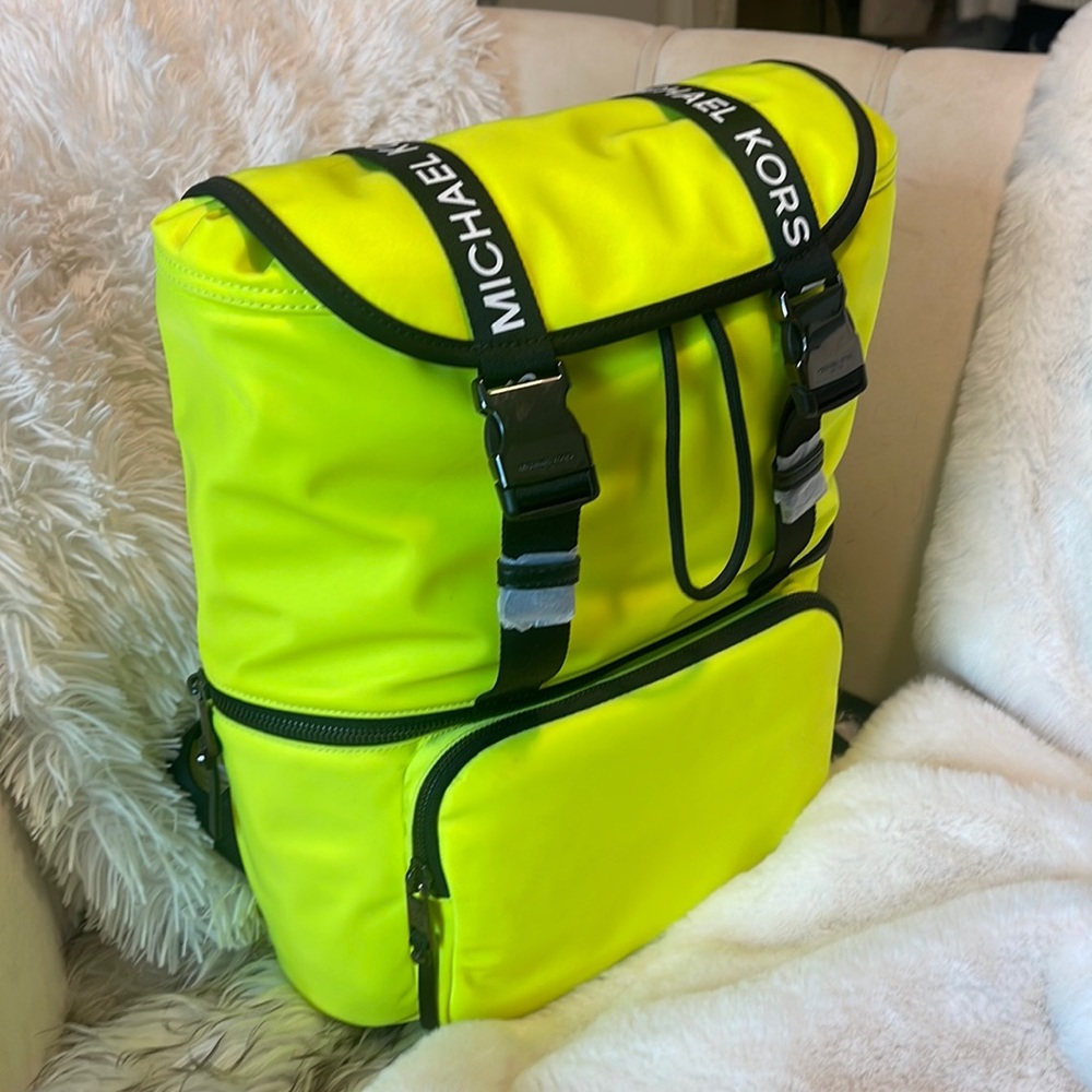 Michael Kors Neon Green backpack logo strip